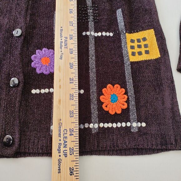 VTG 90s Black Floral Beaded Chenille Cardigan Sweater S M Artsy Cottage Granny - Picture 10 of 12
